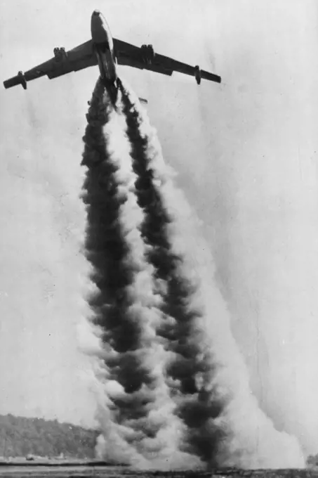 Stratojet Takes Off - Trailing smoke form its jet ***** and 18 jet assist take-off units, the second ***** built XB-47 took off on its maiden flight from ***** field here today. The stratojet flew to Moses ***** Force Base where it will be given further tests. January 01, 1948. (Photo by AP Wirephoto).