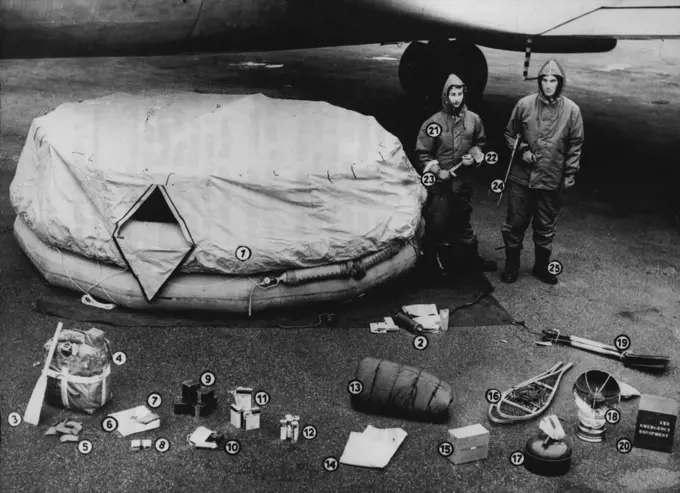 Safety First On Polar Line Flights...... The rescue equipment to be carried by a plane on the "polar line" route. (1) Combined boat and tent for twenty persons..... each plane will carry three of these (2) Repair materials for boat-tents (3) paddle (4) wireless transmitter (5) Anti-shark powder - to be spread on the water to keep sharks away. (6) First aid kit (7) Bible (8) Fishing tackle (9) Provisions (10) Signal Mirror, pocket lamp, compass (11) chemical addition to salt water to make it drin