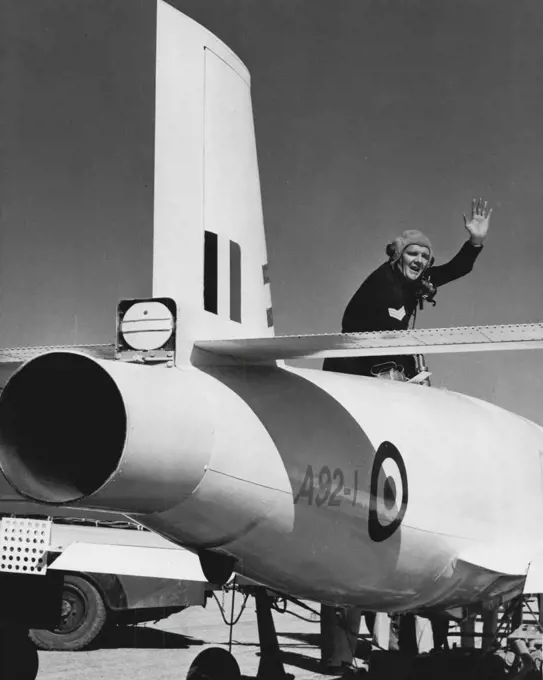 Ground-crew filling the tank of an Australian-made jindivik pilotless, jet, radio-controlled target aircraft with fuel before the Jindvik took off on a test flight at Woomera Rocket Range, SA, on May 2. May 01, 1953.