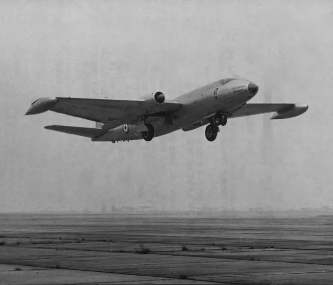 Canberra Tries For Two-Way Record -- The Canberra Bomber taking off London this morning. A Canberra medium jet bomber left London Airport today in an attempt to fly to New York and back in one day. At the controls was captain John Hackett, former RAF coastal command pilot. With him was Mr. Peter Moneypenny, 31-year-old Navigator. The two men already set up 15 unofficial Canberra records together. They hope to reach New York in seven-and-half, hours and to be back in London by teno's clock tonigh