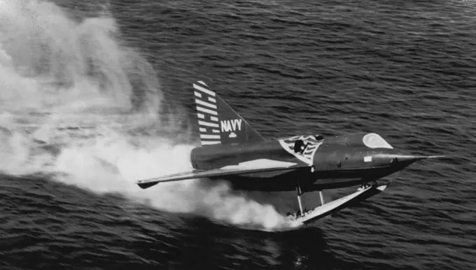 The Navy's XF2Y1 Sea Dart .let fighter, which usually takes off from San Diego bay on two skis, balances like a human skier on one foot as it takes off using only one ski during a test on the bay. This plane has been fitted with a single ski as part of the Convair aircraft company's testing program. The Sea Darts, first set seaplanes ever built, have exceeded the speed of sound. July 28, 1955. (Photo by AP Wirephoto).