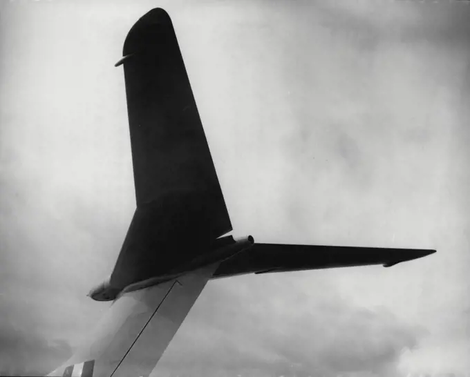 Air Show Shape Towering towards the sky, it looks like a new fighter plane. Actually, it is just the tail plane of a Handley Page Victor bomber, at Farnborough, Hampshire, today (Sunday) ready for the Air Show being held from tomorrow until next Sunday (October 11). September 04, 1955. (Photo by Reuterphoto).