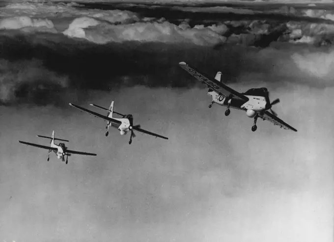 Sub. Seekers - Small, but deadly, anti-submarine planes are these Short Seamew aircraft, pictured in formation. The first Coastal Command unit to be equipped with the new planes will be forming in January 1956. The Seamew, powered by an Armstrong Siddeley Mamba turbo-prop engine, carries a crew of two and can operate from make shift runways, such as golf courses and beaches, and all types of carrier ships, including converted merchanrmen. It is simple, light, robust and easy to handle and mainta