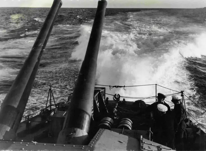 Built in Australia for the Royal Australian Navy, a new destroyer was recently put through gruelling trials off the N.S.W. coast. The stern wash created by the vessel at full speed. January 16, 1944.