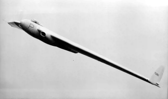 Jet Propelled Flying Wing Demonstration in Flight. A view of the Armstrong Whitworth, Tailless, jet propelled "Flying Wing", in flight, at speed, during its first public test flight, today December 16, showing the long sweep back of its wing. Squadron Leader Eric Franklin, 27, chief test pilot for Armstrong Whitworth, today, December 16, demonstrated the jet near Rugby, Warriors. This bodyless flying wing, costing £200,000 with a fully laden take-off weight of 33,000 pounds, is powered by two Ro