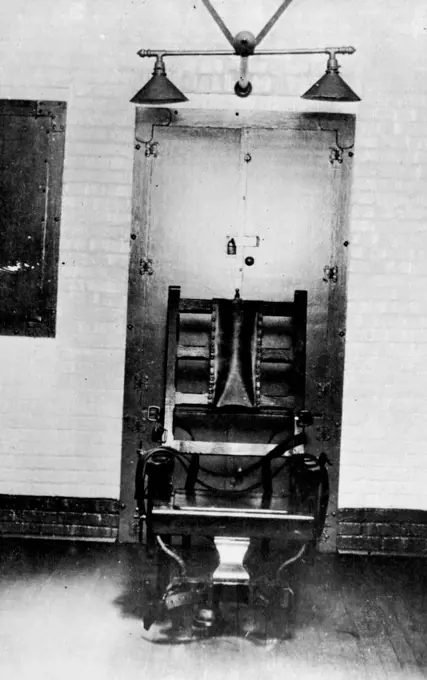 Hauptmann's Death Chair -- The Electric Chair in which Bruno Hauptmann is to be executed for The Kidnap Slaving of The Lindbergh Baby, unless he wins a last-minute reprieve, seen in the execution chamber of The State Prison in Trenton, N.J. Hauptmann has been sentenced to die the night of January 17. February 24, 1936. (Photo by Associated Press Photo).;Hauptmann's Death Chair -- The Electric Chair in which Bruno Hauptmann is to be executed for The Kidnap Slaving of The Lindbergh Baby, unless h