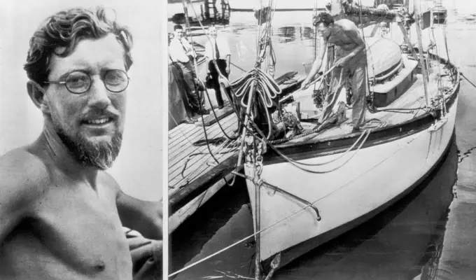 Lone Voyager And Seven - Ton Yawl In Which He Crossed Atlantic -- Edward C. Allcard, 34-year-old British naval architect, smiles from behind his heavy beard after he ended his 81-day voyage from Gibraltar at City Island here yesterday in his seven-ton yawl Temptress. Allcard, makes things shipshape aboard his little vessel while waiting for permission to land. Immigration authorities confined him aboard ship because he didn't have a passport, but hurried to arrange a visitor's permit for him. Al