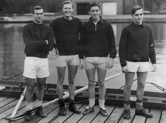 Four Australians who are eligible ***** selection in this year's Oxford Boat ***** crew - L to R: J. Gobbo, McLeod, Pain and Vine - during practise on the River Isis. Boat Race -- The Oxford crew in a last-minute training row for the classic race. Four Australians are almost certain to row in the Oxford eight in the 100th Varsity boat race against Cambridge on April 3. They are Ted Pain and Jim McLeod of Sydney, and Jim Gobo and Vincent Vine of Melbourne. They constitute the highest percentage from an overseas country experts can remember. January 15, 1954. 