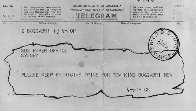 Telegrams, phone calls, pouring in Nearly 90 families want to ***** "Christmas gift" twins. The twins, both girls, ***** in a Sydney hospital *****. December 8, 1955.