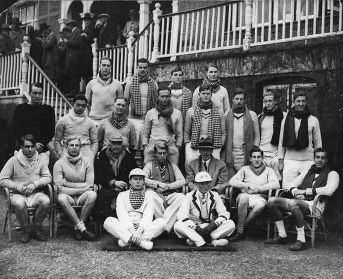 ***** A group of the Oxford ***** from lock to lock at Henley on Saturday. "B" crew beating "C" crew by 1 1/2 lengths. "A" crew rowed over afterwards against the clock. (L to R Back row) J.P. Burroughs; J. Lewes; J. R. Barker and D. Paton; (Middle row L to R) R.E. Pflaumer; C.G. Costley-White; L.O. Pritchard; G.D. Duntze; J. Eugster; J.P. Cherry; I.M. Scirotino and A.S. Ogilvie; (Front row L to R) R. Hope; D.B. Mynors; Dr. J. Payne (coach) Mr. H. Mosley (president) Colonel J.P. Phillips (coach) M.B. Stubbs and E.D. Tomline. (Seated on ground) W.G.C. Shebbeare and M.A. Kirke. December 03, 1934. (Photo by Keystone).