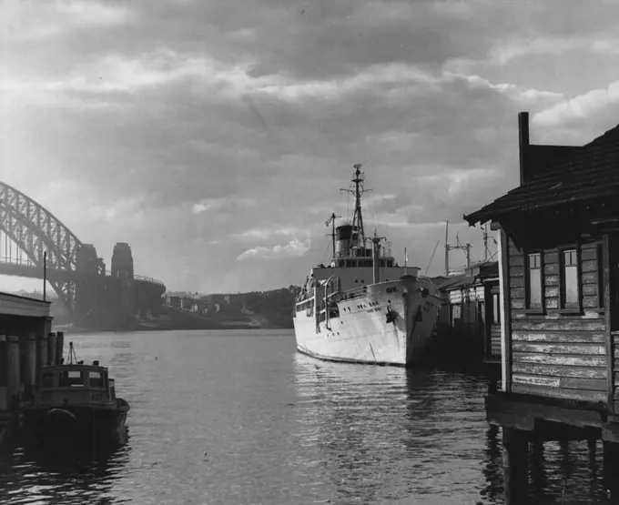 The Taisei Maru training ship of the Institute of the Japanese Ministry of Transportation which is in Sydney on a six days visit berthed at Circular Quay. August 04, 1955. (Photo by Alec Iverson/Fairfax Media).