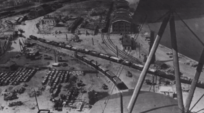 Trains, Automobiles Among Russian Booty At Odessa -- here are Some of the trains and Automobiles which the Germans left behind in Odessa when the Russians captured the city April 10. Photo was received in New York By Radio from Moscow April 17. April 17, 1944. (Photo by Associated Press Radiophoto). 