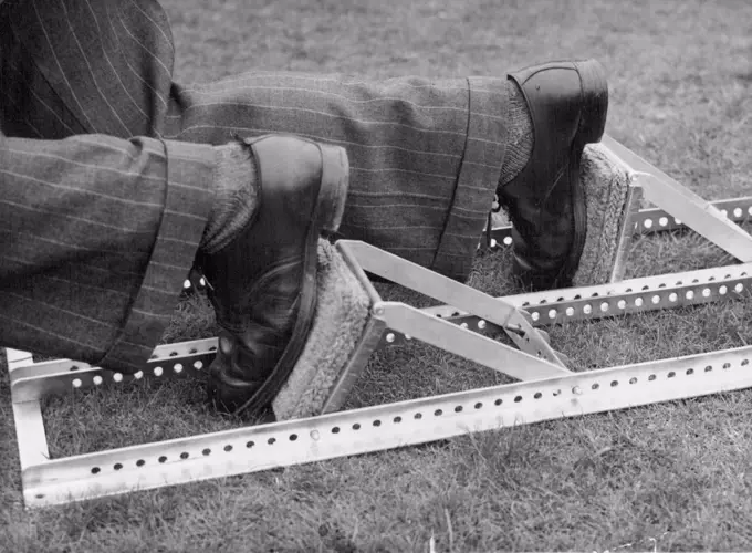 Starting Blocks For Olympics Starting blocks for the sprint events demonstrating position of feet is shown in a demonstration at Cambridge today April 7. The feet pads can be adjusted to any angle and distance from the ground. They were perfected by H. Rottenburgc, Inventor and scientific engineer. The British Organising committee for the summer Olympics have disclosed that revolutionary equipment for track and field events is to be used. The apparatus used will set new standards in Athletic measuring equipment. April 3, 1948. (Photo by Associated Press Photo).