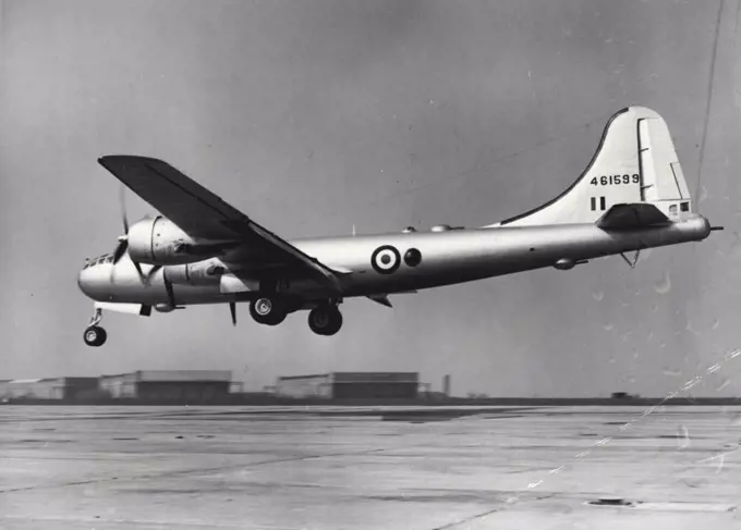 First of The Superforts Touch Down. B29's For Britain. One of the B29 Superforts comes in to land at the air base here. The planes and crews were welcomed by British Secretary of State crews were welcomed by British Secretary of State for Air. Mr. Arthur Henderson. The first four 3,000-mile-range B29 Superforts to be given to Britain under the United States military aid programme, landed here after flying from Andrews Field, Maryland. Bearing Royal Air Force markings, they were flown by American airmen, and form the vanguard of a fleet of 70 being delivered to Britain. March 22, 1950.