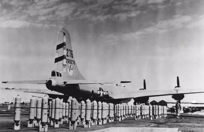 U.S. B-29 In India Readied for Attack on Japanese Lined up beside a U.S. B-29 Superfortress bomber at one of the India bases of the 20th Bomber command are tons of bombs ready to be loaded for a mission against Japanese industrial targets on the Malay Peninsula. Giant B-29's have caused widespread damage to the Japanese-held stronghold of Singapore and the railroad at Kuala Lumpur. During March, 1945, Superfortresses made three attacks on Singapore, hitting oil supplies and naval installations. May 2, 1945. (Photo by U.S. Office of War Information).