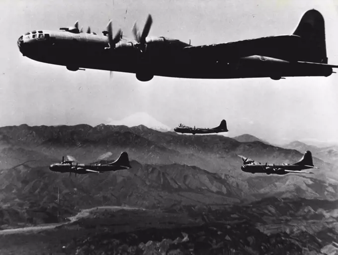 United States Air Force B-29 bombers, photographed during a recent routine training flight over Japan. January 1, 1950. (Photo by United States Information Service).