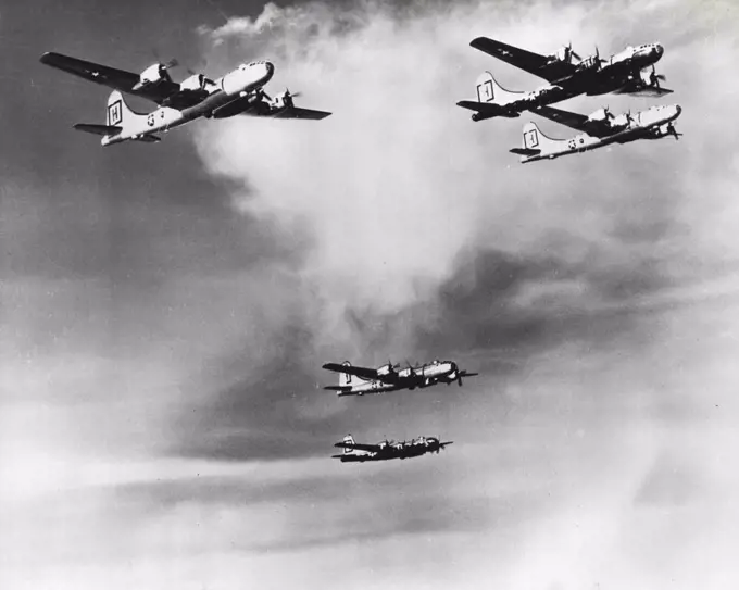 United States Air Force B-29 Superfortresses, operating with United Nations forces in Korea, are shown flying in formation, en route to bomb North Korean and Chinese communist military targets. January 1, 1951. (Photo by United States Information Service).