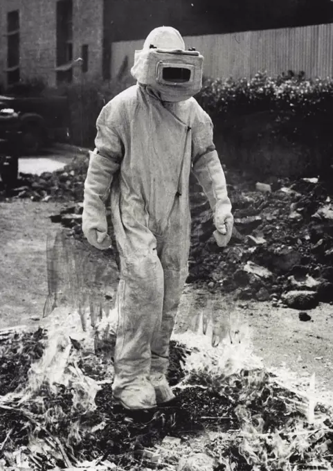 A fireman clad in a suit of asbestos, walking through flames during a Fire Brigade demonstration in Brisbane. October 23, 1942.