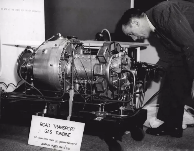 Wonder Car Engine ***** Revolutionize Car Industry - "The Broomstica", the new gas turbine for road transport, last-minute addition to the Birmingham BIF. From their secret laboratory in Acton, London, two young inventors drove to Birmingham with an engine which they believe will revolutionize the car industry. It is the first gas turbine car engine, the smallest in the world and it will be on view at the opening of the British Industries Fair at Birmingham to-day. The inventors, R.H.H. Barr and G. White, two of the country's leading "boffins", call their engine, only 15 inches in diameter and five feet long, "The Broomstick"; it will run on any kind of fuel - and heralds the gearless clutchless and radiatorless car of the near future. May 01, 1947.