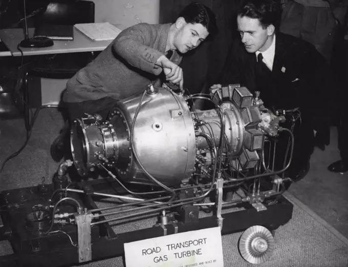 Jet Car Engine. The world's first gas turbine car engine, invented by British engineers and designed to power lorries, small river craft and limousines, has no pistons, cylinders, spark plugs, radiator or clutch. It weighs only 250lb., has the equivalent power of a petrol-driven car of 35-40 hp. May 10, 1948. (Photo by The Associated Press Ltd.).