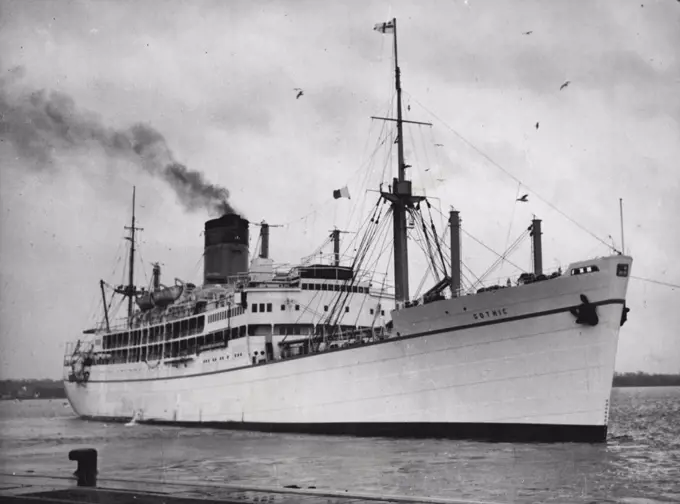 Channel Trials For Royal Ship -- The S.S. Gothic is seen just before she left Southampton today, January 2. The 15,902-ton Liner, S.S. Gothic, left Southampton today, January 2, for a "Shakedown" cruise in the English Channel. Next month Princess Elizabeth and the Duke of Edinburgh will sail on board the "Gothic" during their Australasian tour. Vice admiral O.E. Lambe, Flag Officer of the Royal Yacht sailed on today's trials. January 02, 1952. (Photo by Associated Press Photo).