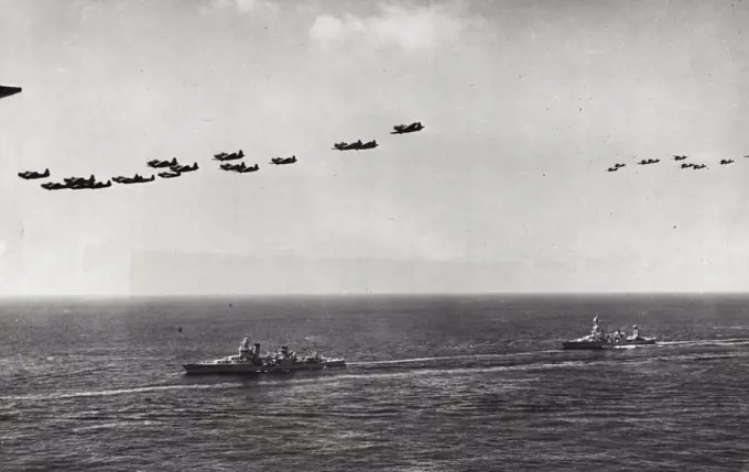 Combined Fleet Goes Through Pre-Navy Day Exercises -- Aircraft and heavy cruisers ***** recent maneuvers held in the Pacific ***** California coast by the combined fleet ***** States Navy, in preparation for Navy ***** be observed on October 27th. November 15, 1939. (Photo by Wide World Photo). 