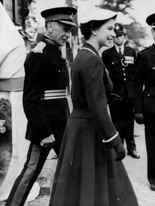 Royal Visit to Wales - The Queen and The Mr. Duke of Edinburgh visited the Breconshire Agricultural show during the first day of that ***** state visit to Wales *****. The Queen being escorted round the *****. The Queen wore a coat featuring the fashionable dropped waistline when she attended the Breconshire Agricultural Show in ***** with Duke. August 1, 1955. (Photo by Daily Herald Syndicate Feature).