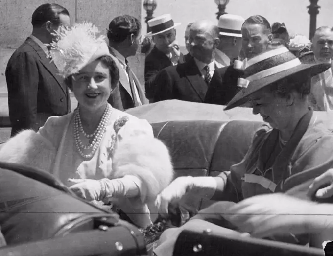 The King and Queen in Washington -- Her Majesty Queen, Elizabeth driving with Mrs. Roosevelt from the union Station, Washington, after the arrival of the Royal Party. July 03, 1939.