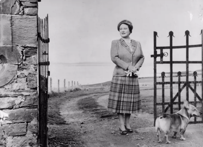 The Queen Mother At Her Scottish Castle -- Queen Elizabeth The Queen Mother photographed at the Gates of her Castle of Mey. Caithness, Amid The Bracing Sea Air. Behind her lies Pentland firth and, beyond, The Orkney Islands.The Photo was made during Her Majesty's recent Holiday. October 19, 1955.(Photo by Associated Press Photo)