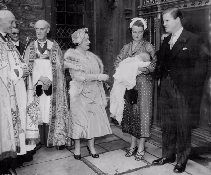 Queen Mother Admires Her New God daughter -- Oh, what a lovely baby! That's what Queen Elizabeth the Queen Mother seems to be saying us the 19-year-old mother, Viscountess Althorp, shows Sarah Lavinia Spencer to the baby's Royal godmother at Westminster Abbey where the christening took place in St. Faith's Chapel to-day (Thursday) the baby was born in a Northampton nursing home on March 19.Viscount Althorp is seen on right. Left of the Queen Mother are the Rt. Rev. Percy Mark Herbert, Bishop of Norwich, and the Very Rev. A.C. Don, Dean of Westminster (Second from left). June 09, 1955.