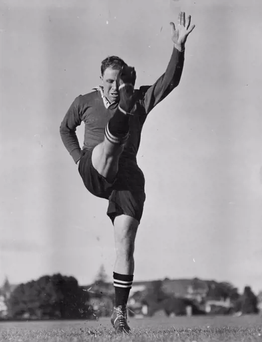 This is the third of a series of six photograph showing Bob's action as he kicks for goal.The ball is away and Bob is right off the ground. The kicking foot will follow through until it is up about the same level as his head. Some Australian critics called him a better goal-kicker than the great Maori fullback George Nepia. Others said he was as good as, if not better than, Daily messenger. May 31, 1948.