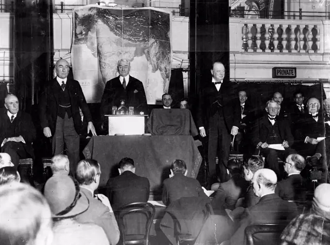 To discuss the future of India -- The Indian Empire Society's recent meeting at Cannon-Street Hotel, London. Left to right are: Lord Inchape, Sir Claude *****, Lord Summer (chairman), Mr. Winston Churchill, Lord Danesford and Lord Greenway. January 22, 1931. 