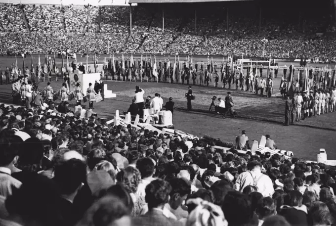 Olympic Games : Closing Ceremony At Wembley - A general view of the Stadium as Mr. J. Sigrid Edstrom, president of the International Olympic Committee, makes his closing speech. August 14, 1948. (Photo by Sport & General Press Agency, Limited).