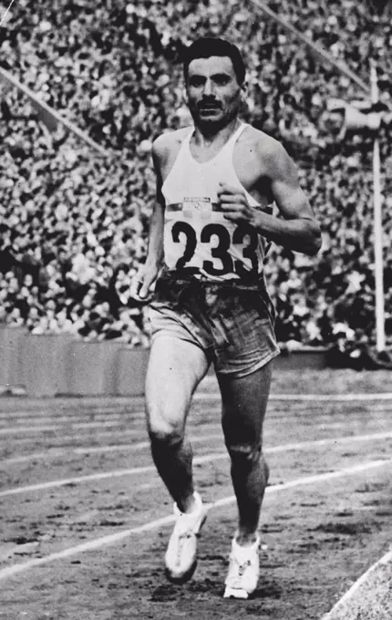Olympic Games: Argentina Wins The Marathon - D. Cabrora, of Argentina, winning the Olympic Marathon, in 2 hours 34 mins. 51.6 secs. T. Richards (Gt. Britain) was second and E. ***** (Belgium) third. August 07, 1948. (Photo by Sport & General Press Agency, Limited).