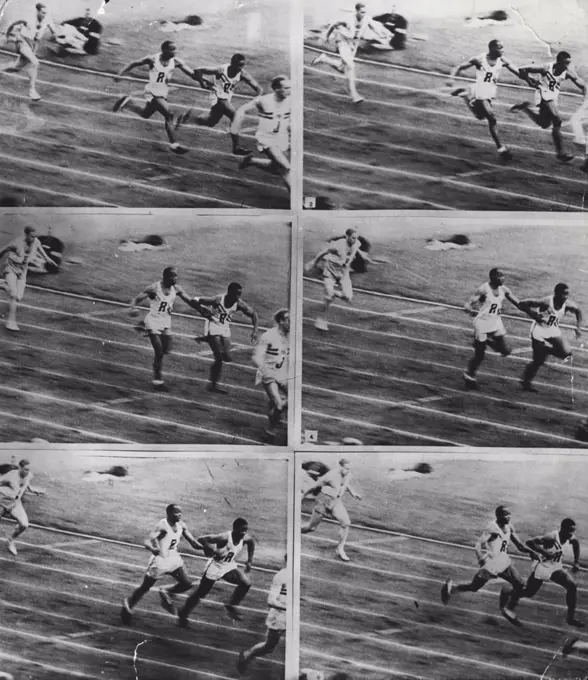 Olympic Games - Decision reversed in 400 metres relay final Result - U.S.A. now winners : This series of pictures from the official Olympic Games film, shows the disputed hand-over in the 400 metres relay final, in which this film has become the vital evidence. The decision which was awarded to Great Britain, has now been reversed and the U.S.A. team are the winners of the 400 metres relay final. In the pictures, Ewell of U.S.A., can be seen handing over the baton to Wright (USA) (Team R). The hand-over is completed in between the centre and final lines and in picture no. 6 Wright can be seen with the baton in his hand the change-over completed-before he reaches the final line."These Photographs are reproduced from the Official 'Olympic Games Film'. August 16, 1948. (Photo by Olympic Photo Association).