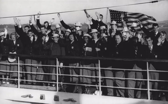 U.S. Olympic Team Arrive In Strength : Members of the 262- strong U.S. Olympic team crowd the hall of the S. S. America berthed at Southampton early this morning July 21, prior is *****. July 21, 1948. (Photo by Associated Press Photo).