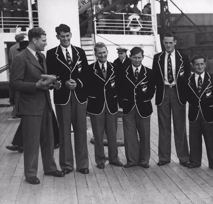 First Olympic Arrivals New Zealand Team Here : 'New Zealand's Hopes' pictured left to right are : D. M. Harris - 800-400 mtr runner. J. M. Holland - 400 mtr hurdle. W. H. Nelson 10,000-5,000 mtr. runner : R. Goslin, Bantam weight boxer, T. R. Carter, Cyclist *****.The first of the Olympic Games Teams to reach this country, arrived at Tilbury to-day, (Tuesday), aboard the M.V. "Port Hobart" there are six men and one woman in the team who will represent New Zealand in the Games, which includes two runners, a hurdler, boxer, cyclist, weight-lifter and a swimmer. June 01, 1948.