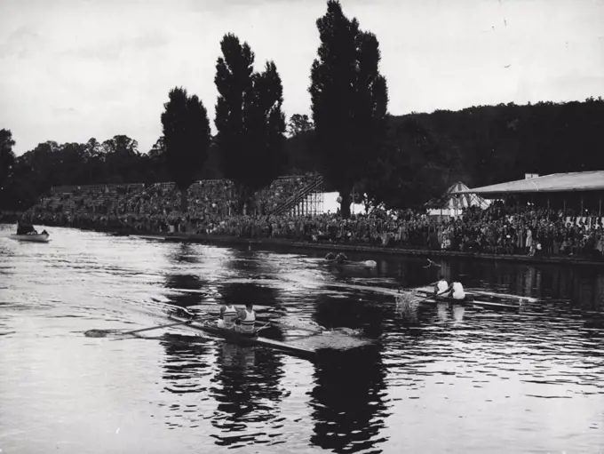 Great Britain Wins Pairs Without Cox Event - Rowing at Henley-On-Thames : Great Britain (left) winning the pairs without Cox event from Switzerland (centre) and Italy at Henley, the British pairs being J.H.T. Wilson (Str) and W. G. R. H. Laurie (Bow). September 15, 1948.