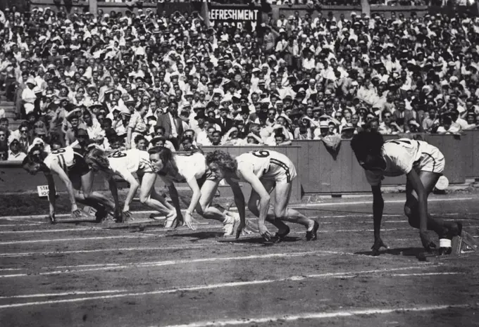 Olympic Games: The start of the Women's First Round of the 100 metres at Empire Stadium, Wembley, to-day (Saturday). From right to left are : A. Patterson (U.S.A), J. A. King (Australia), Kretschmer de Buccicardi, B (Chile), G. V. Lovso Nielson (Denmark), and W. S. Jordan (Great Britain). July 31, 1948. (Photo by Olympic Photo Association).