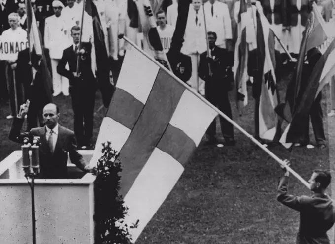 The XVth Olympiad Opens In Helsinki : Savolainen, of Finland, takes the Olympic Oath on behalf of all competitors during the opening ceremony in the Stadium at Helsinki.The XVth Olympiad was formally opened by president Paasikivi of Finland, in the great Stadium at Helsinki. 69 nations are competing - the largest number ever to take part. July 21, 1952. (Photo by Sport & General Press Agency, Limited).