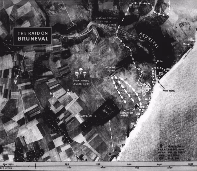 "Combined Operation": Diagram for use in combined operations book: "The Raid on Bruneval ". Must not be sent to North America. August 9, 1943. (Photo by British Official Photograph).