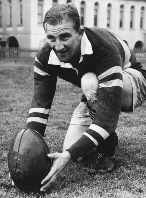 British Isles Team train at Cricket yard 19 year old Welsh ***** L. Jones places ball for a kick at goal during training. August 23, 1950. (Photo by Martin/Fairfax Media).