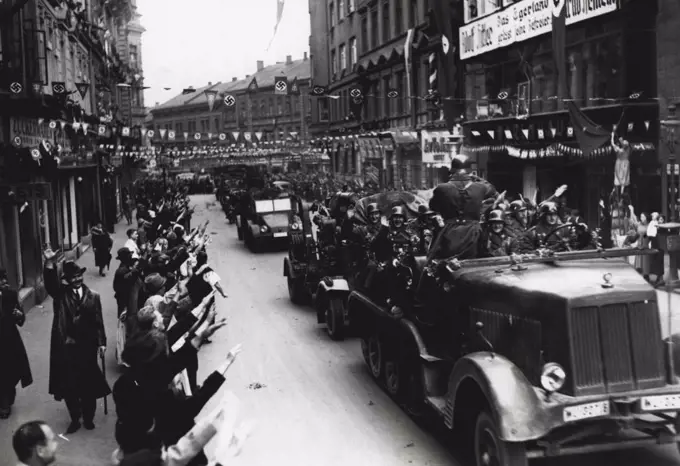 The Germans Enter Sudetenland.Our picture shows mechanized units of the German Army entering Eger at dawn on Monday, October 3. October 27, 1938.