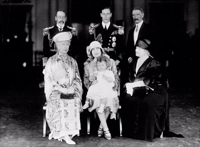 Historic Photographs :The British Royal Family in 1927 -- From the Left: King George V and Queen Mary (seated): the Duke of York (succeeded his brother Edward VIII, as King George VI in 1937), and the Duchess of York (later Queen Elizabeth) with the 14-month-old Princess Elizabeth on her Knee. Extreme right, standing, 14th Earl of Strathmore, parents of the Duchess of York. July 27, 1927. (Photo by Bassano, Camera Press).