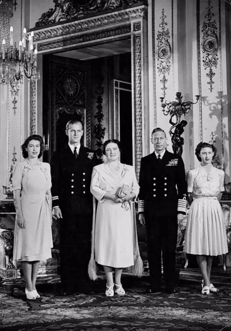 The Royal Family Photographed at Buckingham Palace -- A new photograph of The King and Queen, Princess Elizabeth, Princess Margaret and Lt. Philip Mount Batten whose marriage to Princess Elizabeth takes place at West Minister Abbey on 20th November, 1947. October 15, 1947.