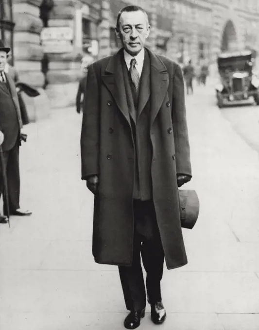 Rachmaninoff In London ... Rachmaninoff leaving his hotel in London.Rachmaninoff, the world famous pianist has arrived in London for only a very short stary. He will make his only appearance at the Queen's Hall, London this afternoon. April 29, 1933. (Photo by News Photos (London) Ltd.).