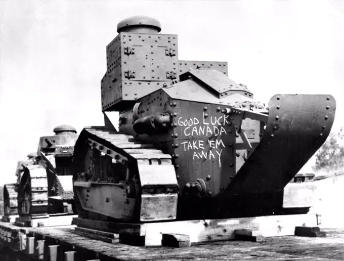 With Best Wishes -- Someone in the United States chalked a good luck message on the side of one of 300 old United States tanks sold to Canada for training purposes. The tanks rolled into Camp Borden, one of Canada's largest training centers, recently. September 10, 1940. (Photo by Associated Press Photo).