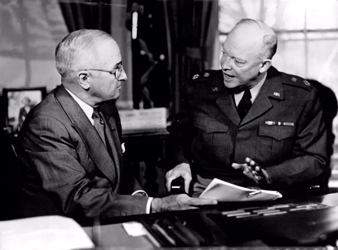 President Truman And General Eisenhower photographed at the office of the President in Washington. February 6, 1952. (Photo by Camera Press).