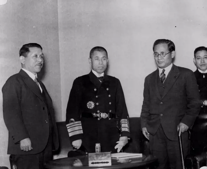 There will be no change in Japan's attitude on the naval disarmament question even after hearing a detailed report from Vice Admiral Yamamoto who returned here this afternoon from London, accomplishing his duties as Japanese Navy representative at London Naval disarmament parley. February 12, 1935. (Photo by Shimbun Rengo News Photos Service).