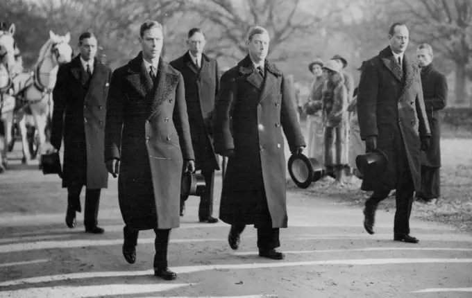 Dead King's Body leaves Sandringham for London.Left to right: The Duke of Kent, Duke of York, Earl of Harewood, King Edward VIII, and the Duke of Gloucester in the funeral procession at Sandringham.Followed by King Edward and his brothers, the coffin of the late King George V was borne on a Gun carriage from the little church at Sandringham to Wolferton station today Jan 23. The Royal family and court officials travelling in the same train. February 16, 1936. (Photo by The Associated Press).